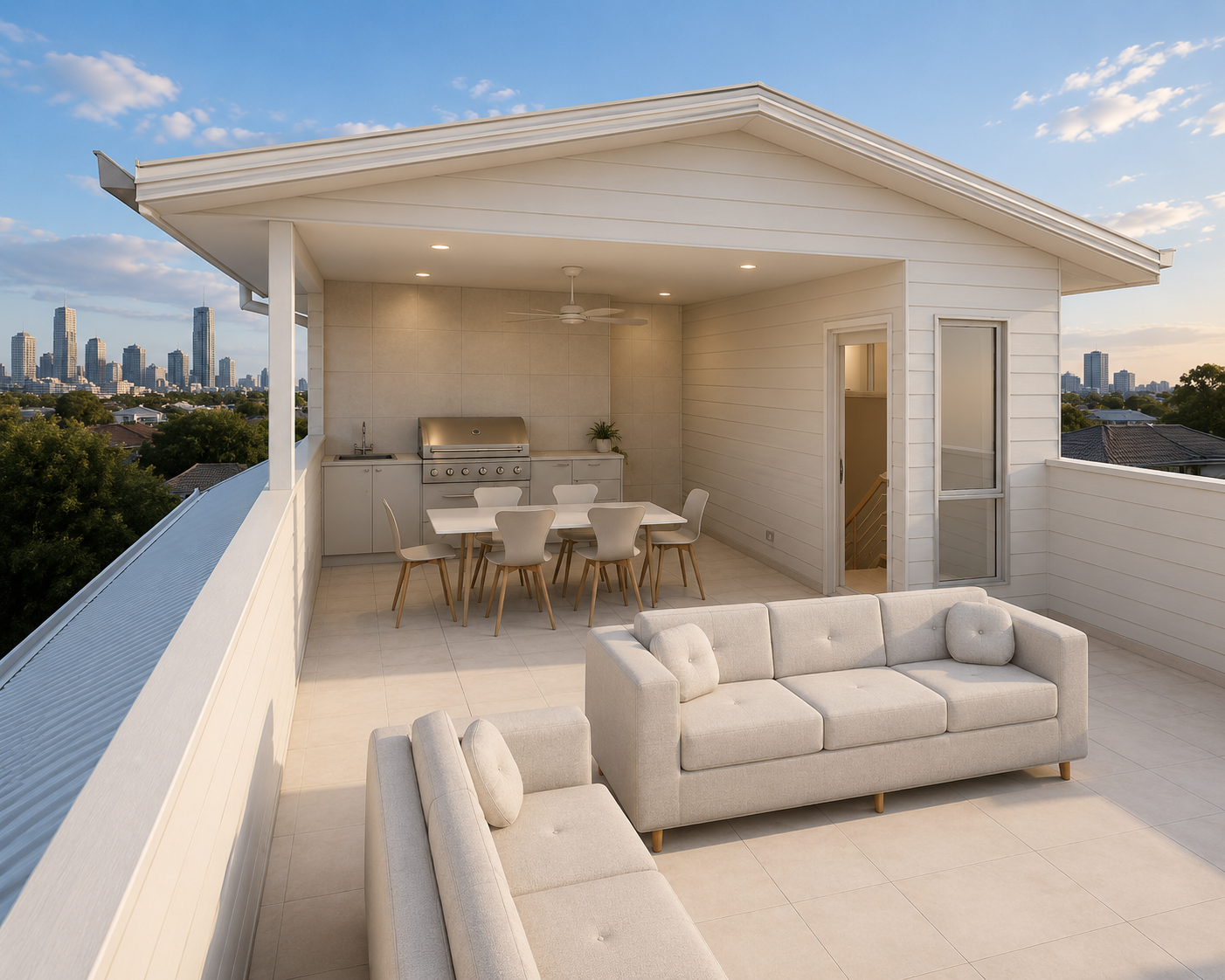 Rooftop terrace with outdoor kitchen and Brisbane city views