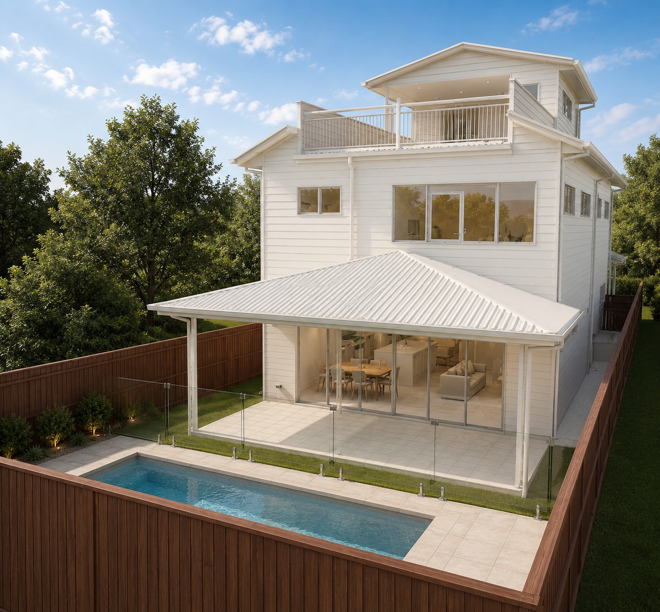 Rear render of the Annie St Brisbane custom home showing the alfresco and lap pool