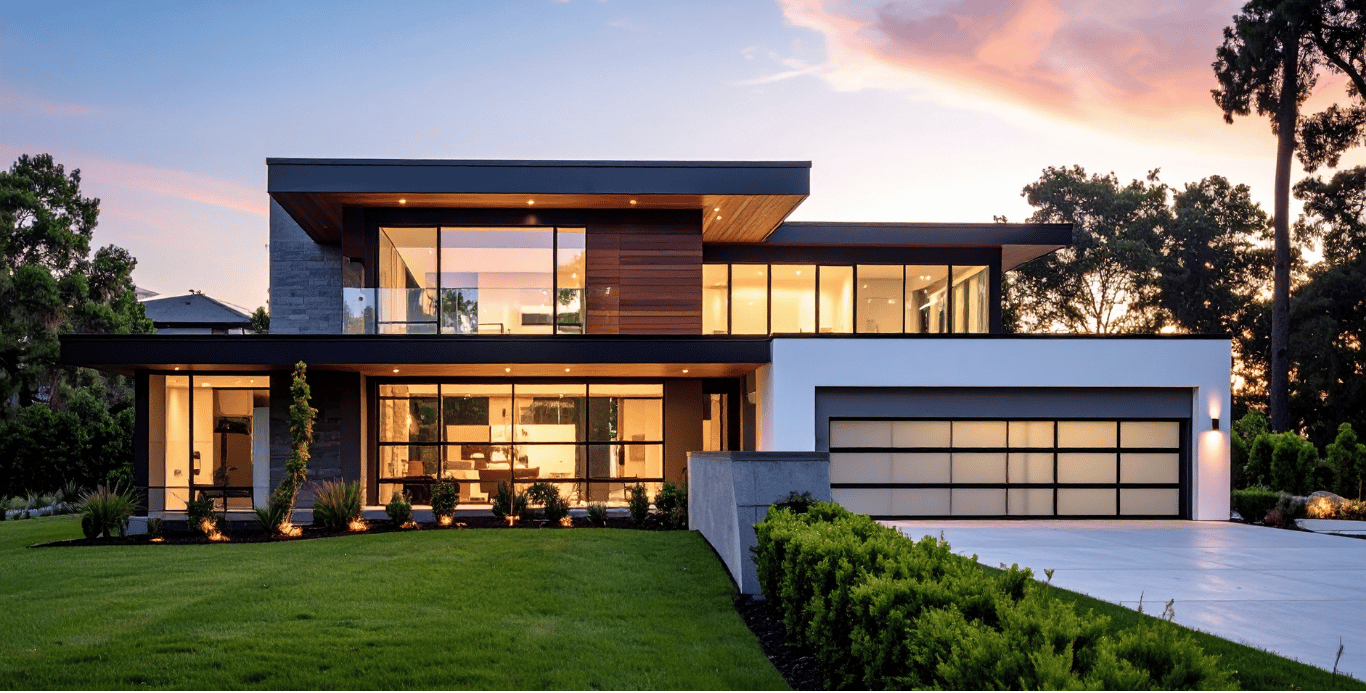 Modern luxury custom home at dusk with warm interior lighting, built by Amali Homes on the Gold Coast