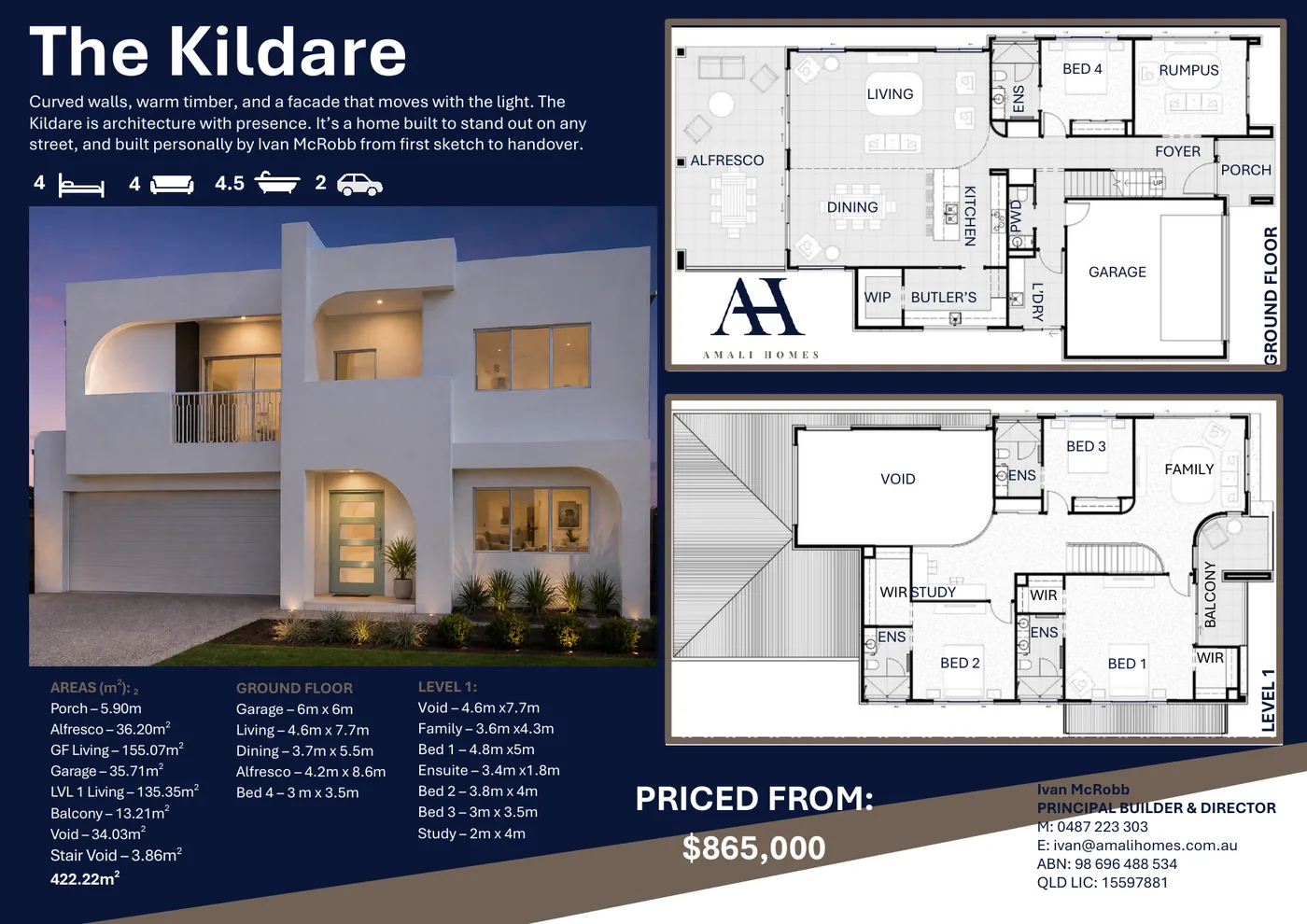 The Kildare concept design flyer showing the facade and ground floor and level one floor plans