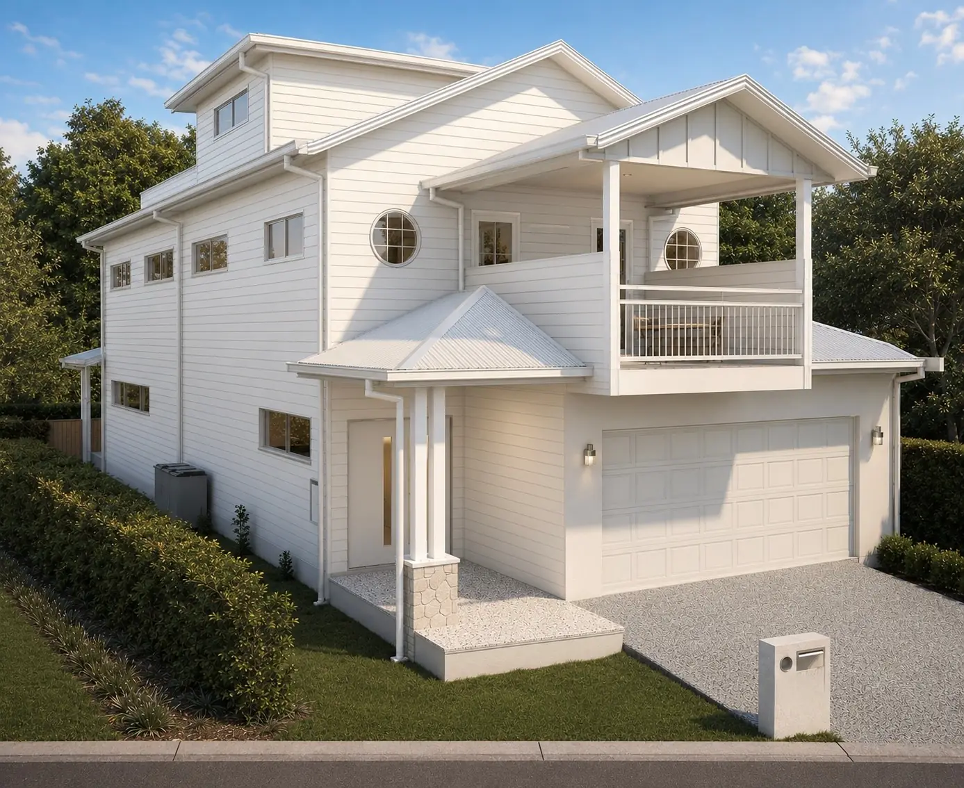 3D architectural render of the Annie St custom home in Brisbane by Amali Homes, a three-level coastal-style design with a gable entry