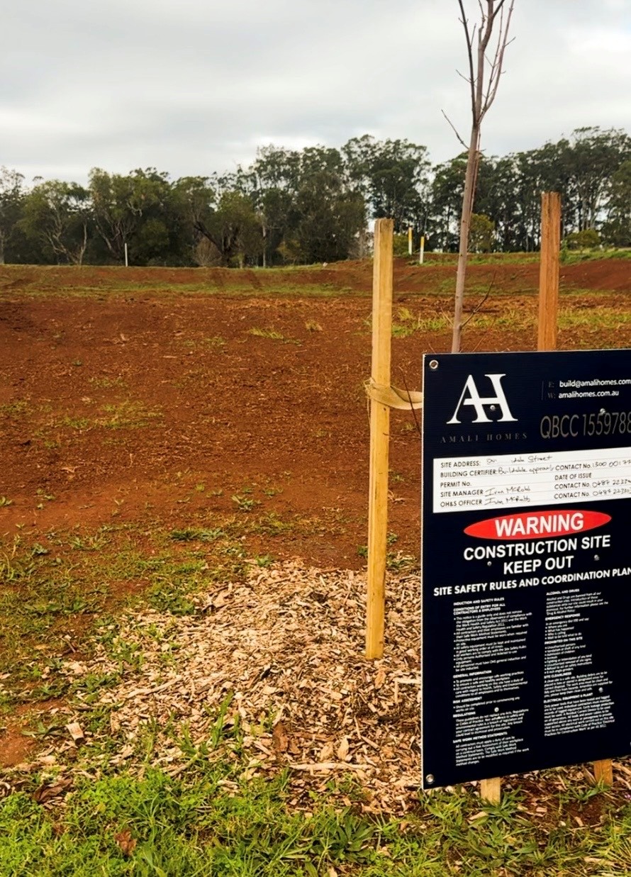 Amali Homes site signage on a Toowoomba building block