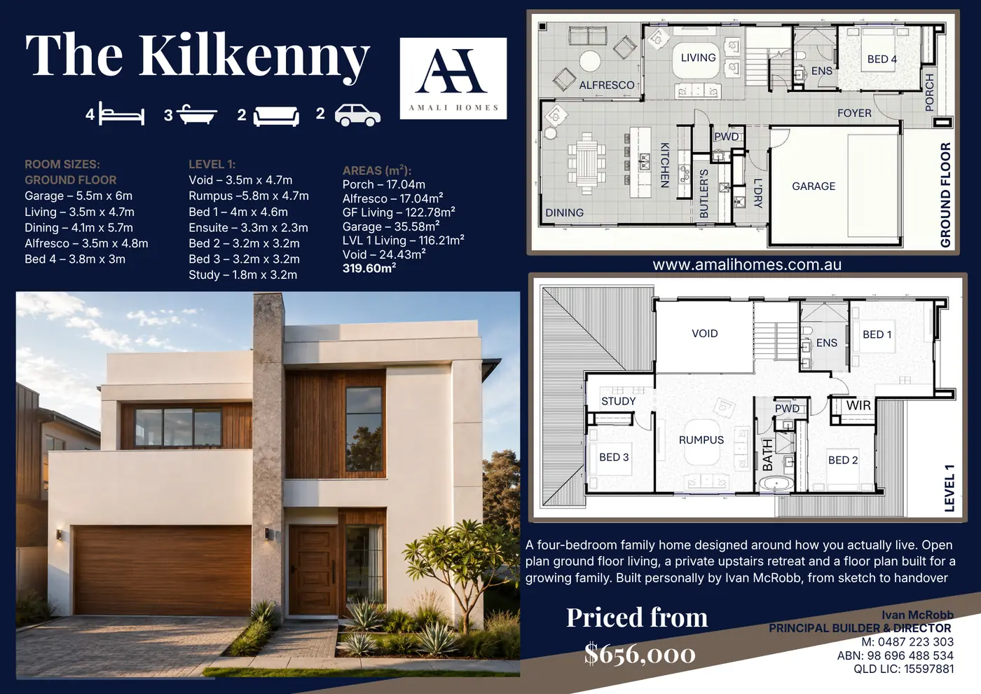 The Kilkenny concept design flyer showing the facade and ground floor and level one floor plans