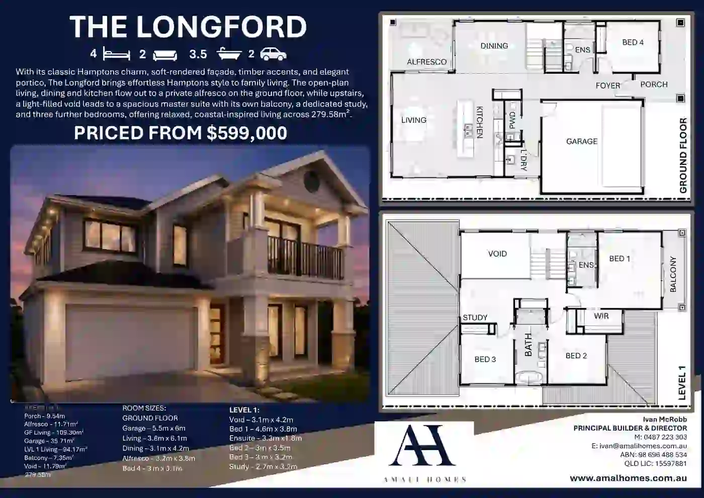 The Longford concept design flyer showing the facade and ground floor and level one floor plans