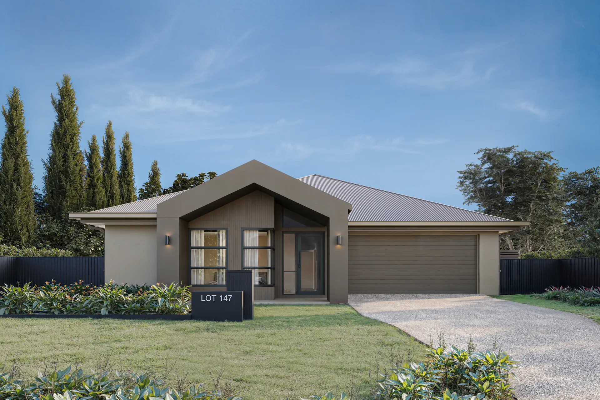 Render of the Amali Homes gable-fronted single level facade for the Highfields build