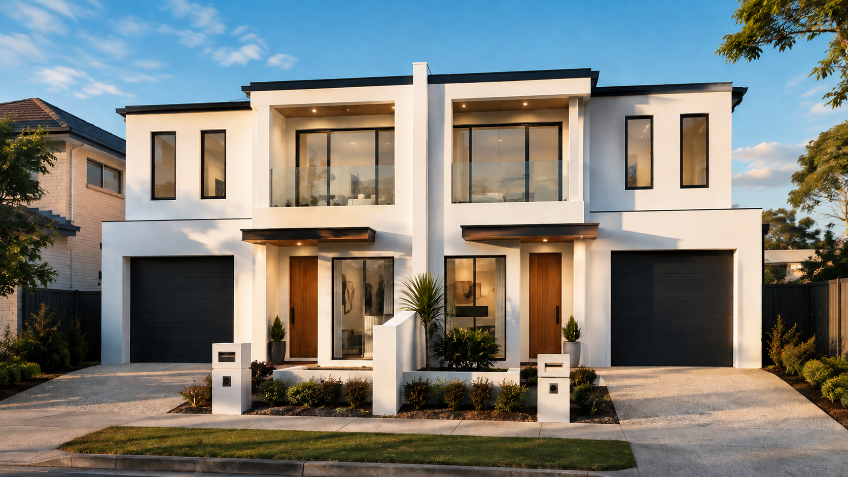 Modern duplex exterior with two attached homes
