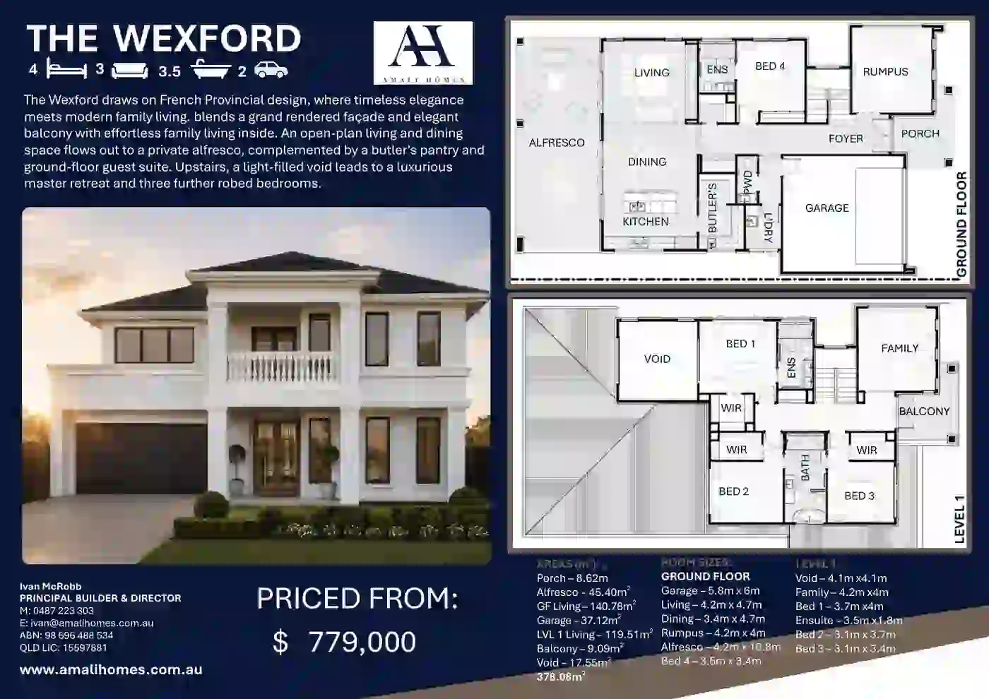 The Wexford concept design flyer showing the facade and ground floor and level one floor plans