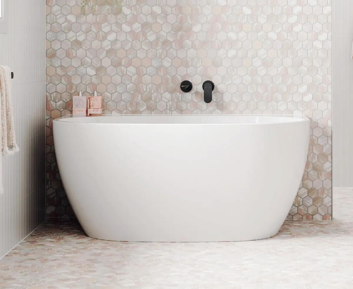 Fienza freestanding bath and black wall-mounted tapware